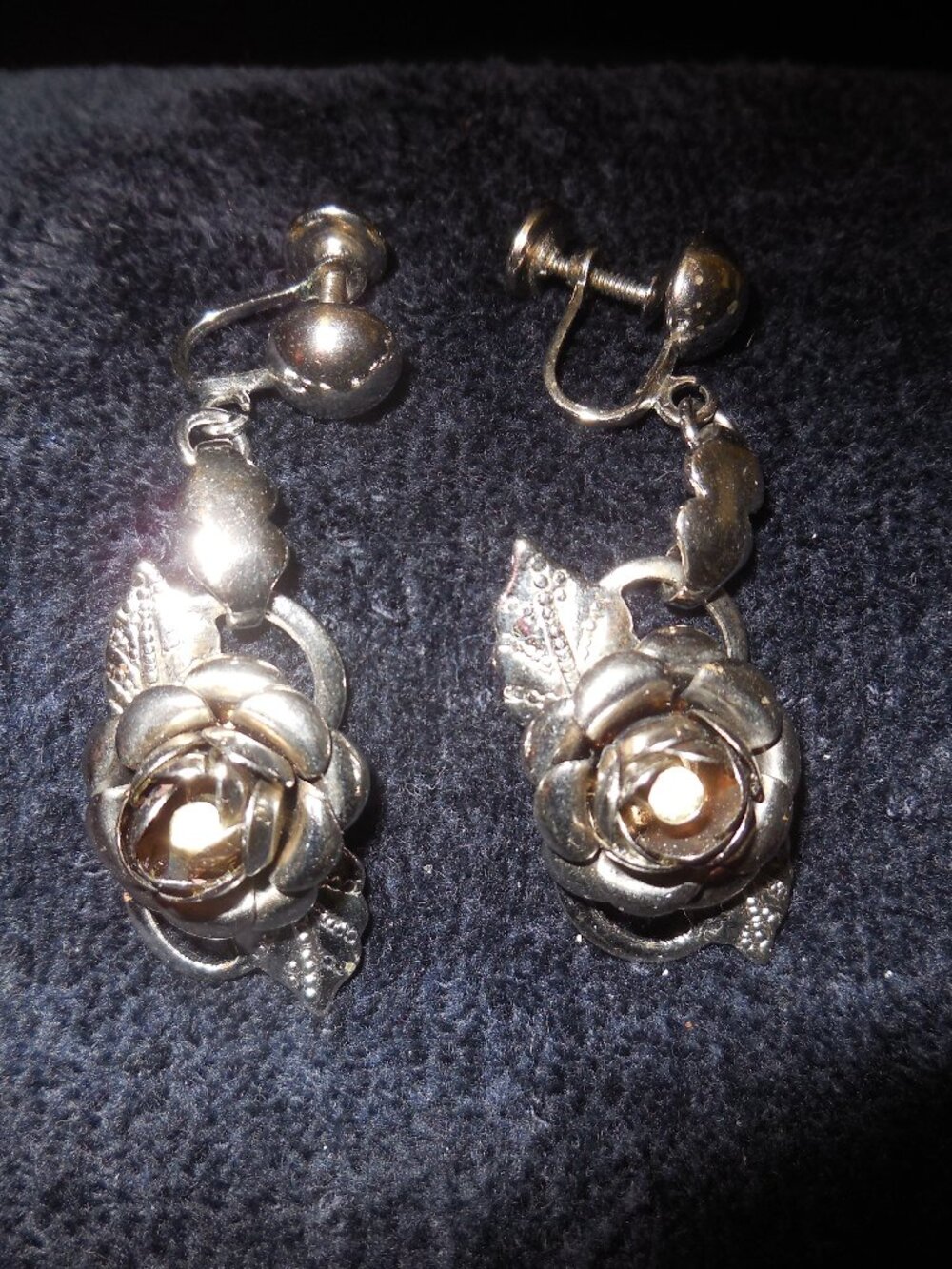 Rhodium Silver Drop Dangle Earrings Screw Back Vintage Estate